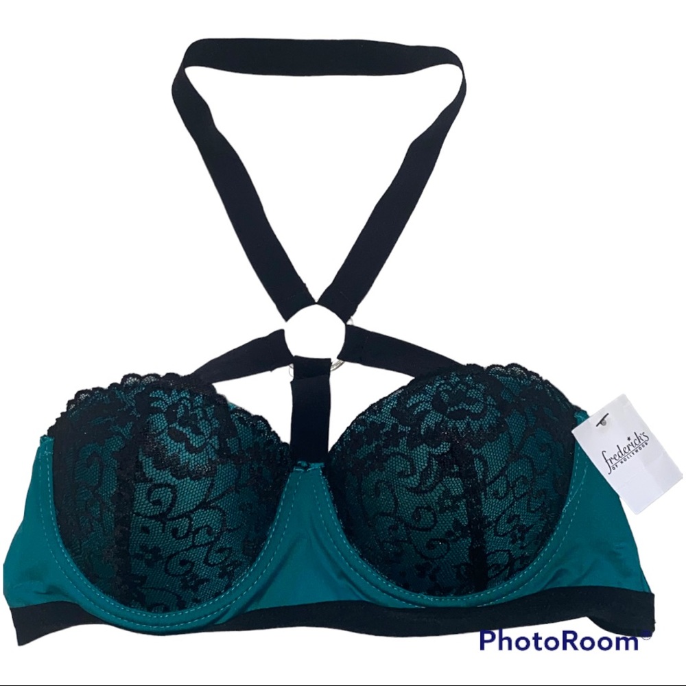 NWT Frederick’s Green Lace Halter Harness Padded Push-up Bra M 34C